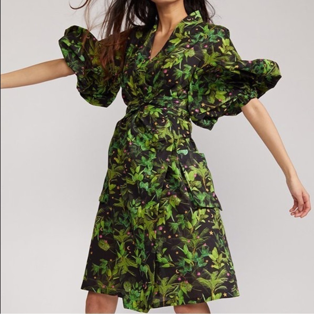 Cynthia Rowley- Green Tropical Floral Longsleeve Wrap Amira Robe Midi Dress